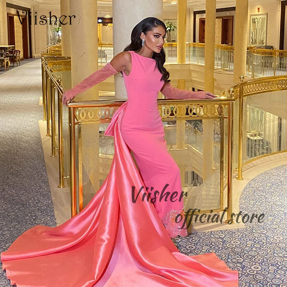 

Роскошные розовые вечерние платья-русалки с рукавом и круглым вырезом, арабское платье Дубая для выпускного вечера со шлейфом, Длинные праздничные официальные платья 2024