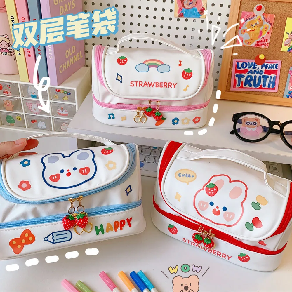 

Kawaii, школьный Чехол-Карандаш для девочек, Канцелярский органайзер для карандашей чехол, органайзер, Корейская клубника, две молнии, коробка для ручек, милая Большая вместительная сумка