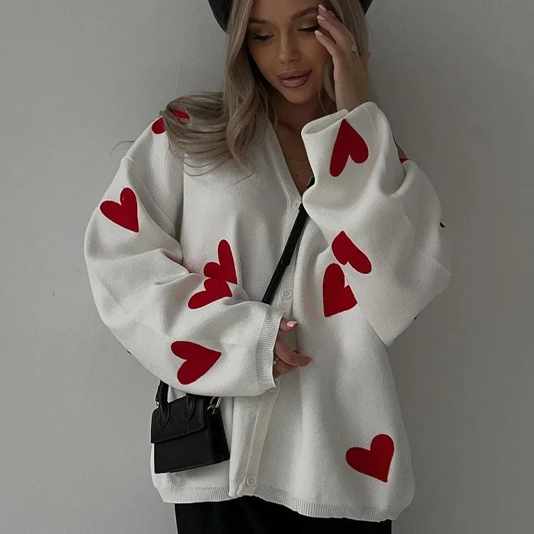 

Fashion Pink Hearts Printed Knitted Cardigans Women Autumn Soft V-neck Thin Vintage Open Stitch Sweater Casual Loose Streetwear