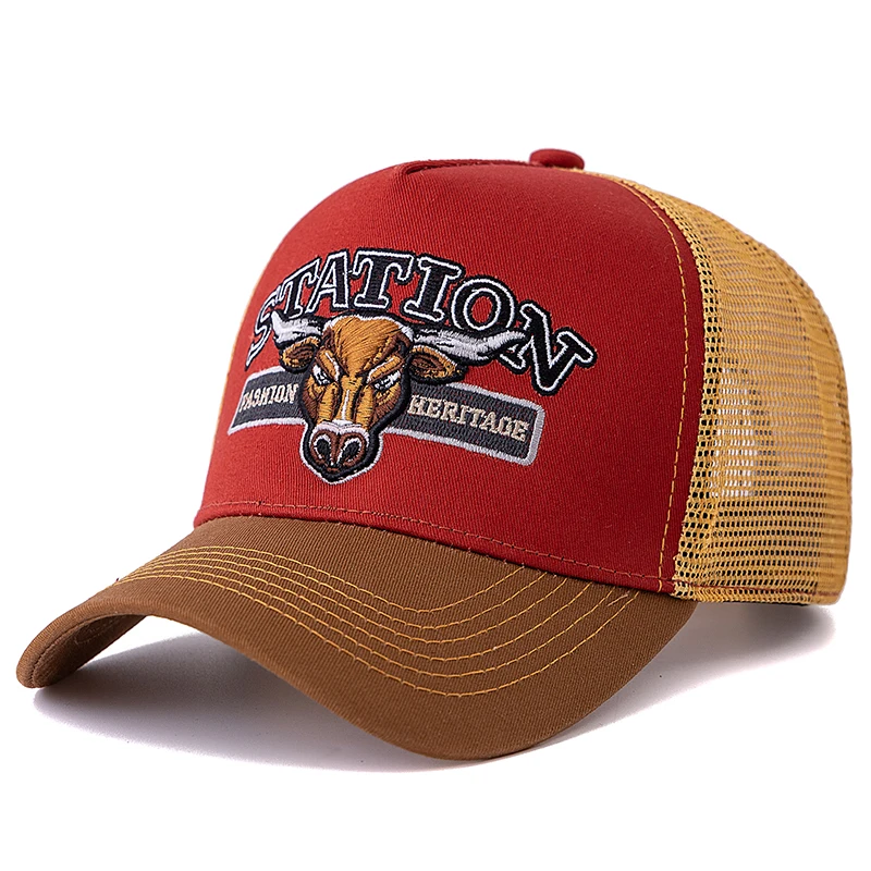 Unisex Summer Breathable Mesh Trucker Hat Bulls Head Pattern Baseball Cap Adjustable Snapback Hats For Men And Women