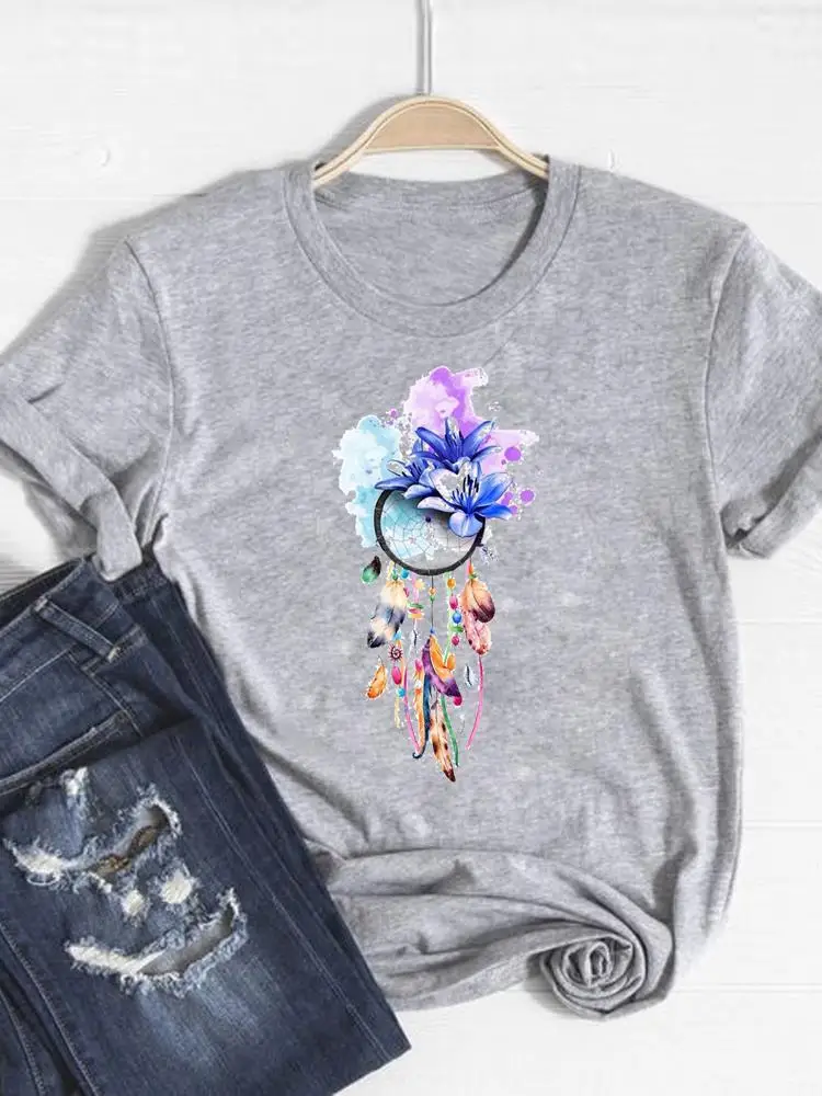 

Print T Shirt Watercolor Feather Love Short Sleeve Summer Top Fashion Clothes Women Clothing Gray Basic Tee Graphic T-shirt
