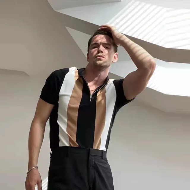 Shirt Fashion Striped Patchwork Short Sleeve Tops For Men Casual Turn-down Collar Zip-up Polo Shirts 2021 Summer Men's Slim Polo PLS-52