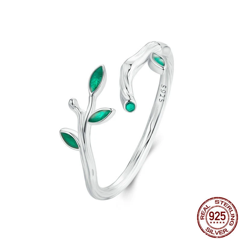 

Fashion 925 Sterling Silver Green Leaf Opening Adjustable Ring For Women Girls Part Wedding Finger Hand Jewelry