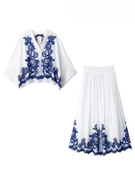 Women's 2-piece Set Of Blue Embroidered Single-breasted Loose Shirt + Chic High-waisted Loose Pleated Street Skirt Suit 6