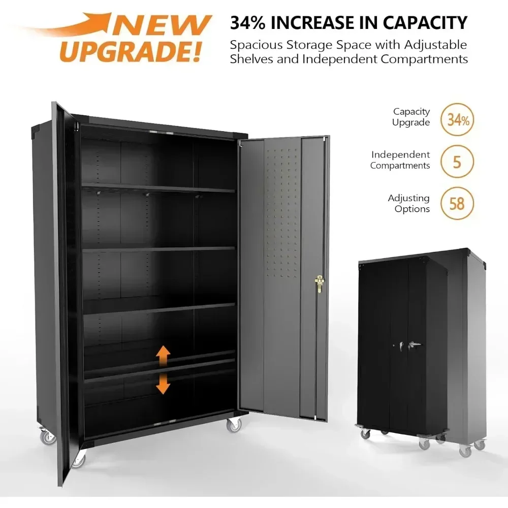 43 W x 20 D x 72H Garage Storage Cabinet, Metal Storage Cabinet with Pegboards, Wheels, Locking Doors and Adjustable Shelves 3