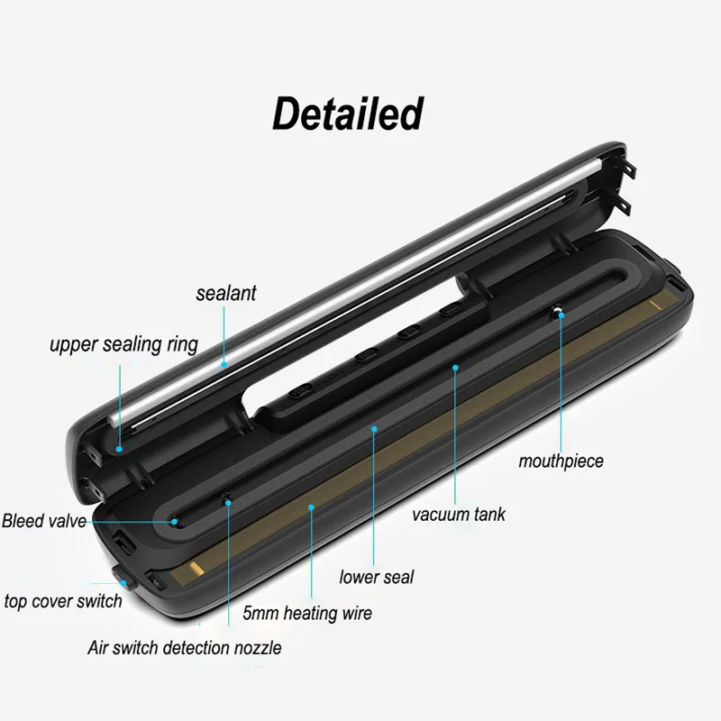 220V Electric Vacuum Sealer Packaging Machine with Free 15pcs Vacuum Bags Machine Household Black Food Sealer