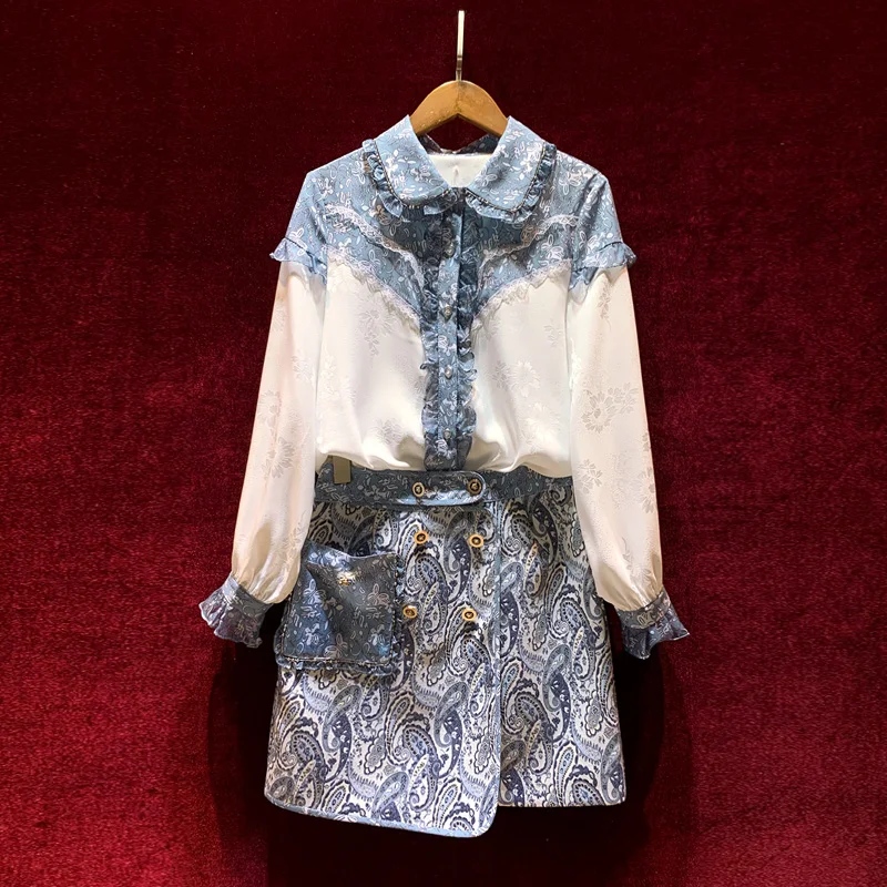 

European and American women's wear spring 2022 new Long-sleeved lapel-stitched lace shirt Irregular printed skirt Fashion suit