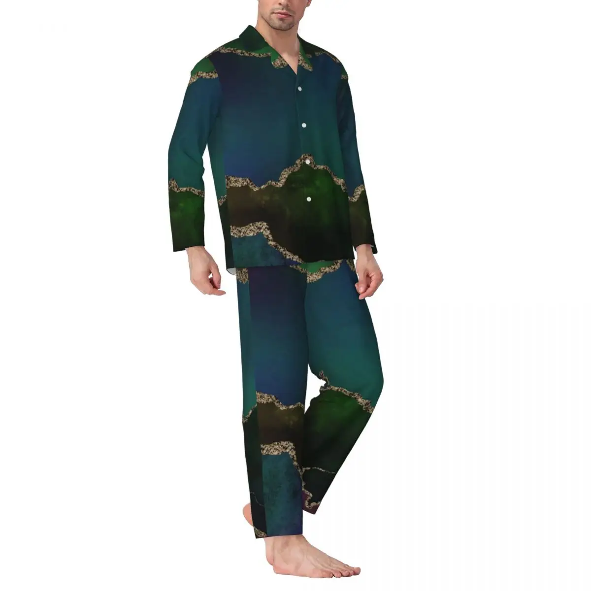 

Pajamas Male Golden Marble Room Nightwear Edgy Agate Print 2 Piece Casual Loose Pajama Sets Long Sleeve Oversized Home Suit