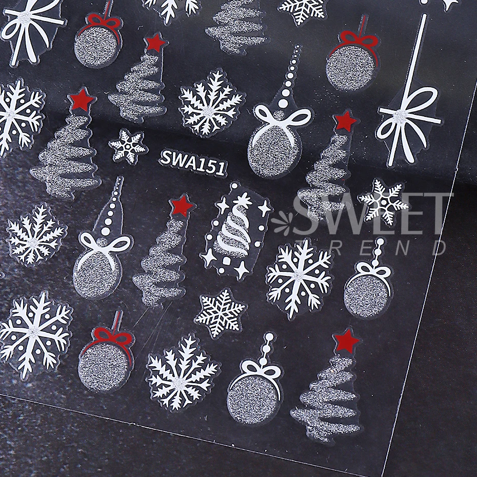 2pcs Flash Silver Christmas Nail Art Stickers Xmas Tree Lamp Ball Lace Snowflake Adhesive Nail Decals DIY Manicure Decoration