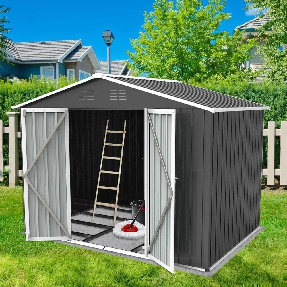 

8 x 6 ft Outdoor Storage Shed, All Weather Metal Sheds with Metal Foundation & 2 Lockable Doors, Cabanons De Jardin