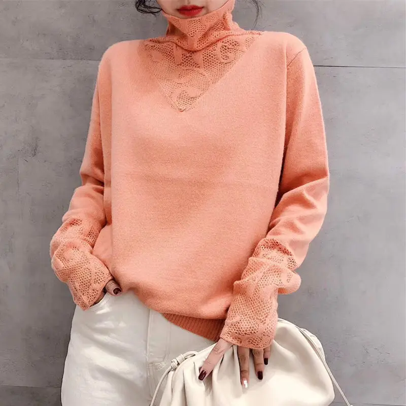 Elegant Turtleneck Solid Color Knitted Spliced Lace Blouse Women's Clothing 2023 Spring New Casual Pullovers Loose Commute Shirt