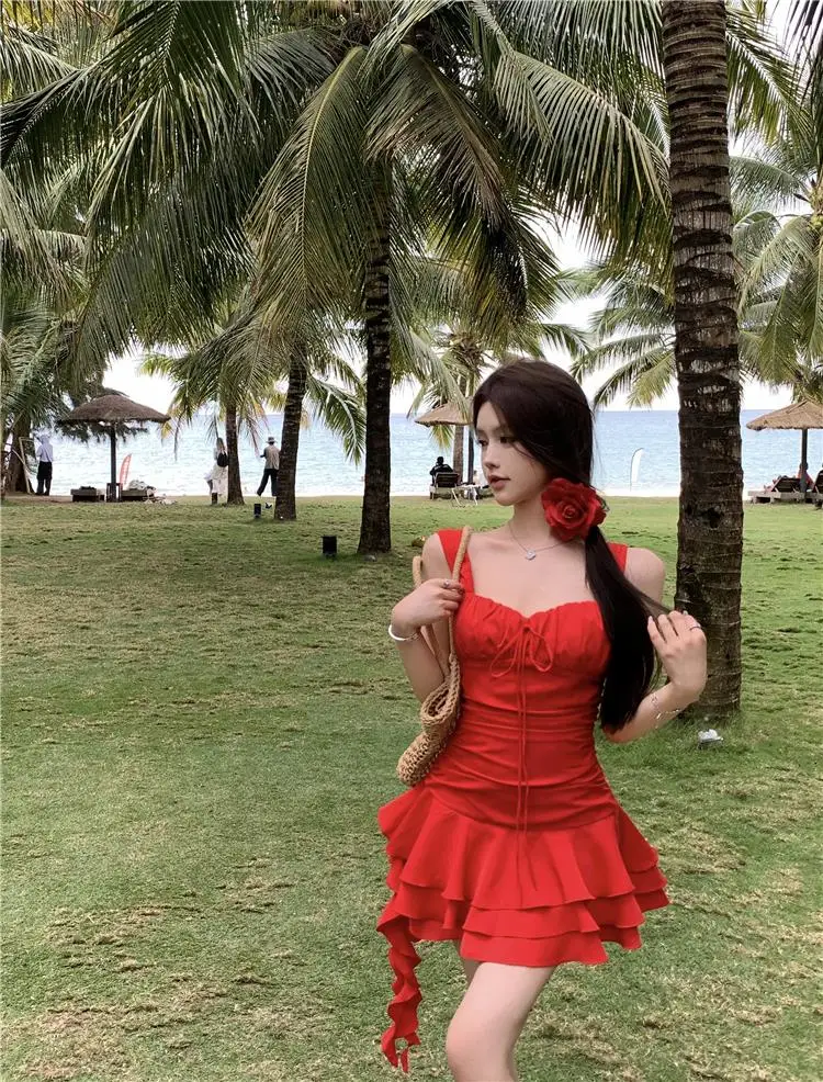 Summer New Holiday Beach Style Short Dresses for Women Spaghetti Strap Ruffles A-line Birthday Party Dress Korean Chic Vestidos