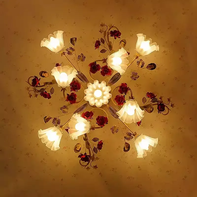 Home Decor Pastoral Retro LED Ceiling Lamp Warm Romantic Flower Chandeliers Fixtures for Living Room Bedroom Lighting Luminaire