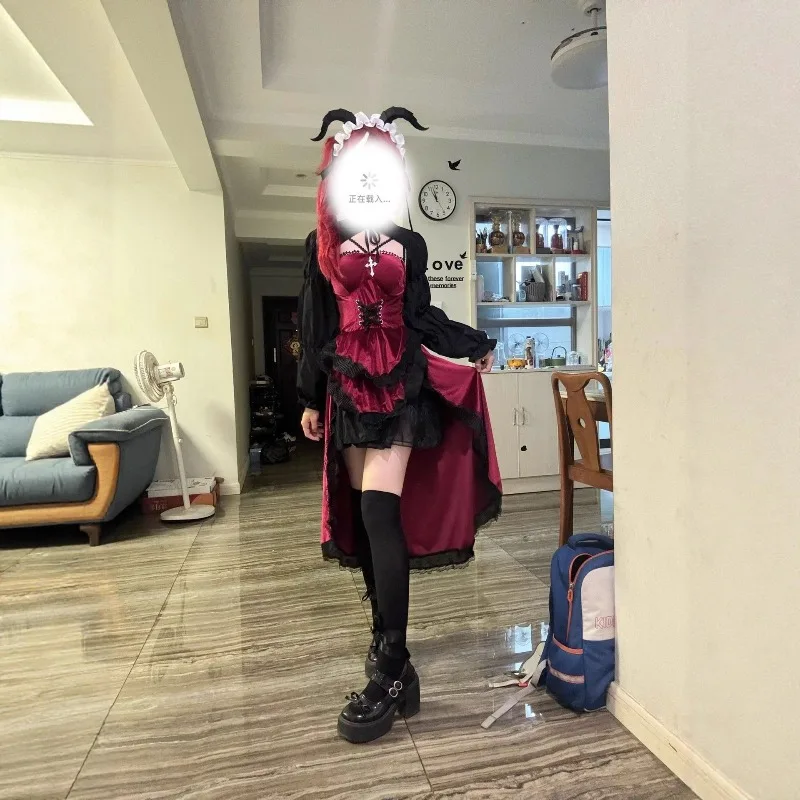 Halloween Carnevale Abito Gotico Nero 2026 con Volant in Pizzo Nero Alta Donna in Cotone RetrÒ Halloween