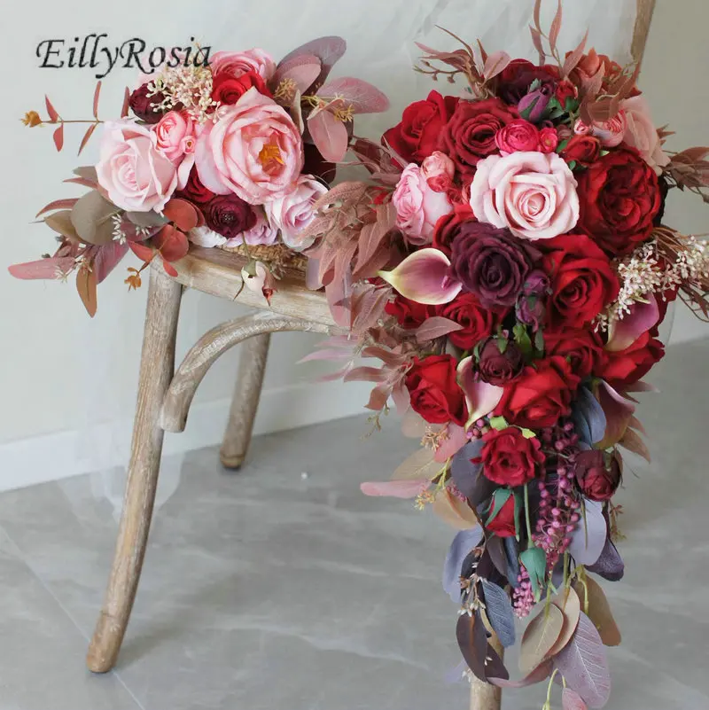 

Винтажный Свадебный букет для невесты, длинный свадебный букет невесты цвета Бургунди с красивым водопадом, искусственный цветок на осень