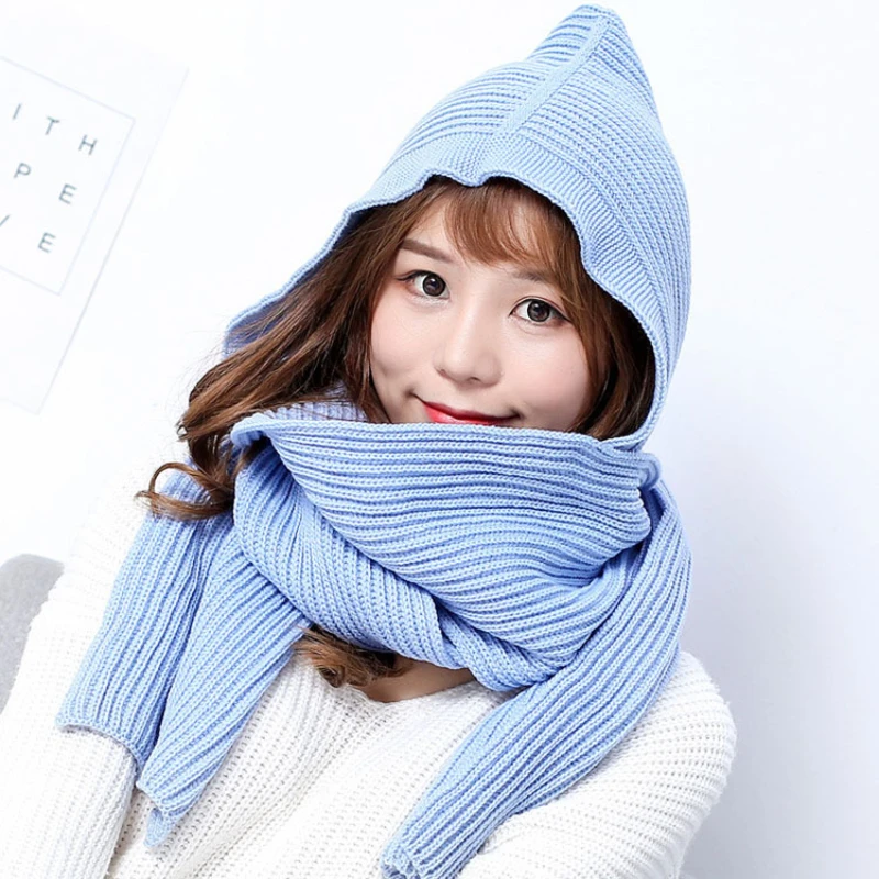 

Winter Solid Color Dual-use Fashion Knitted Hat Scarf Hooded Nightcap Warm Wool Neck Cap Skullies & Beanies for Women