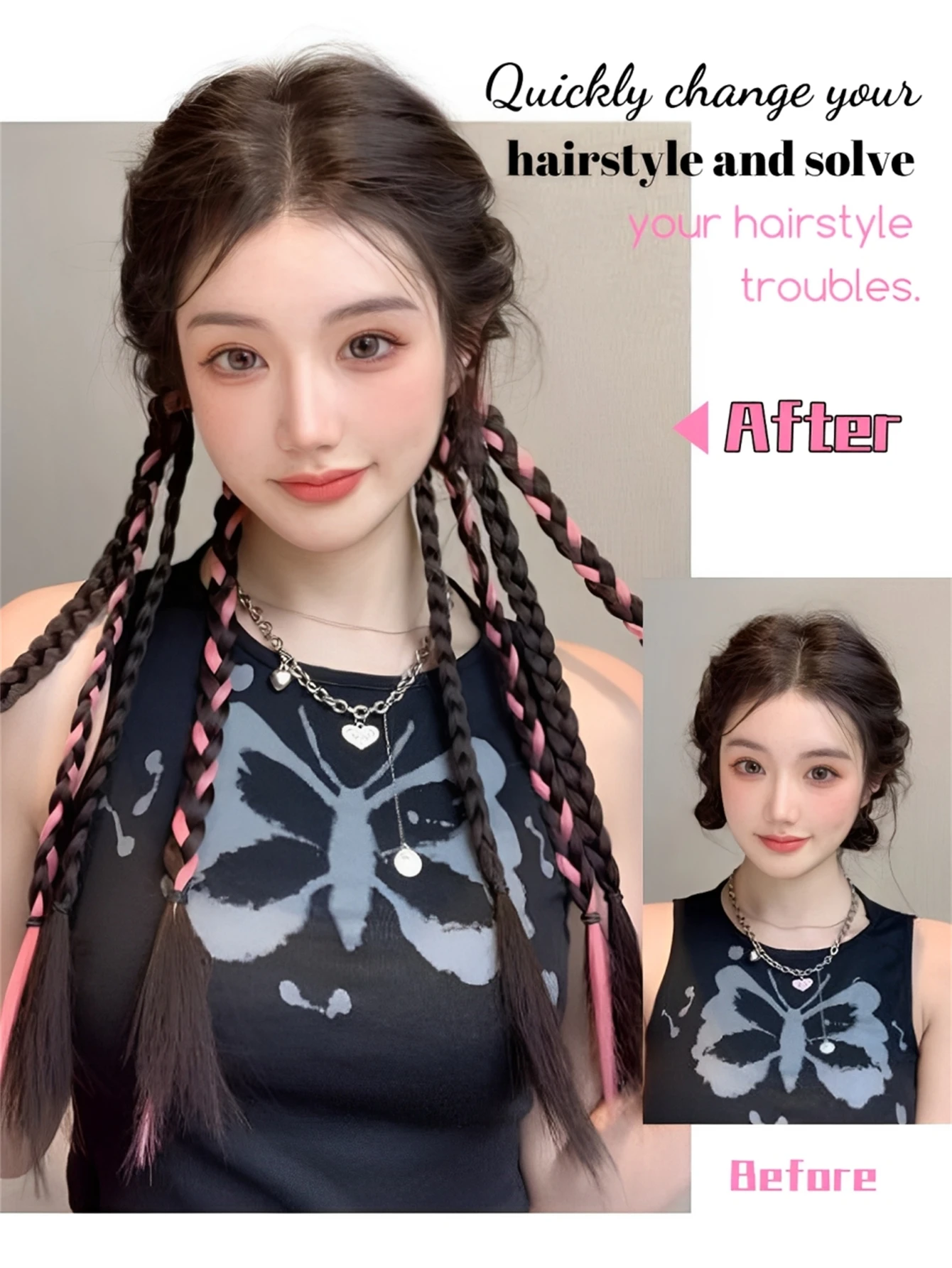 Black Pink Synthetic Hair Extension Ponytail for Women