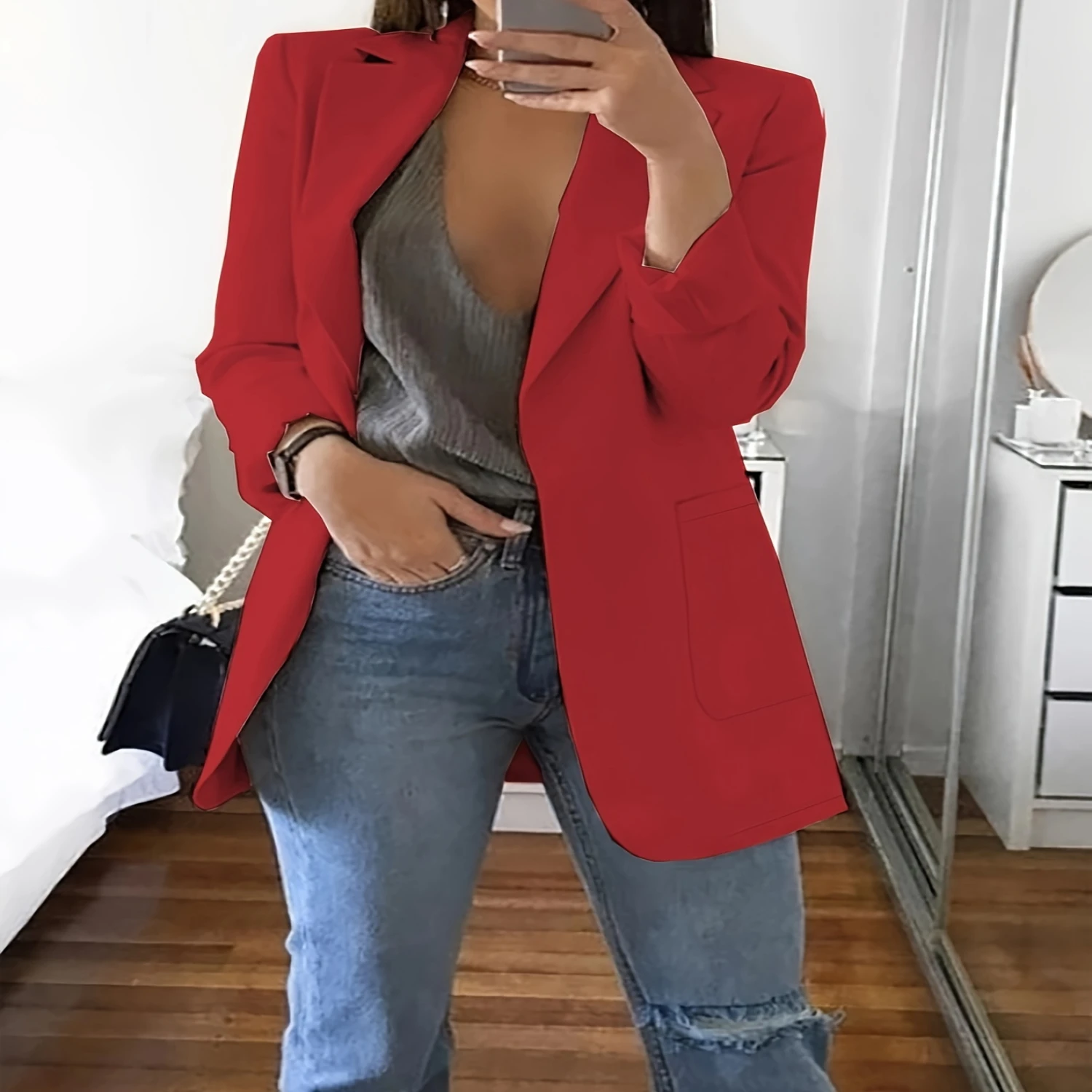 Solid Open Front Blazer, Elegant Lapel Long Sleeve Blazer For Office & Work, Women's Clothing
