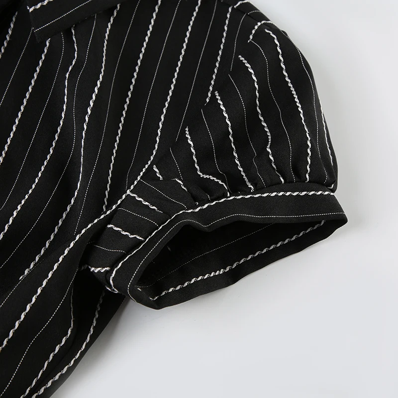 Black White Striped Button Tee Shirt Y2K Women Casual Puff Sleeve Fitted Crop Top Casual Retro Turndown Collar Tops