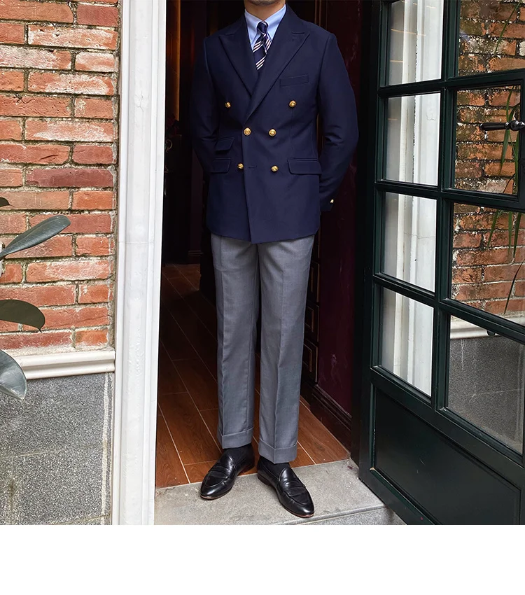 Formale Herren-Anzugjacke, schmale Passform, Marineblau/Braun, langärmelig, spitzes Revers, zweireihiger Blazer, Business-Mantel, Arbeits- und Bürojacke – Detail 6