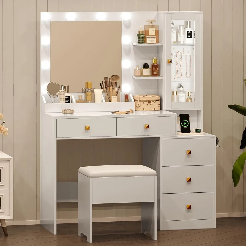 Vanity Desk with Mirror and Lights, White Makeup Vanity with 5 Drawers Hidden Jewelry Organizer& LED Glass Cabinet,3 Light Mode 3