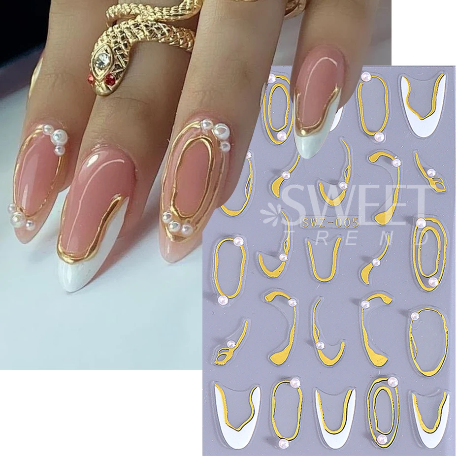 2pcs French Stripe Line Rhinestone Nail Stickers Decals 3D White Gold Irregular Metallic Line Adhesive Sliders Manicure Decor
