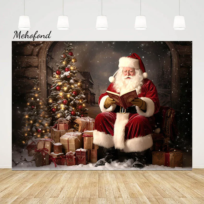 

Mehofond Merry Christmas Santa Claus Theme Photography Backdrop Kids Portrait Photocall Xmas Tree Gift Background Photo Studio