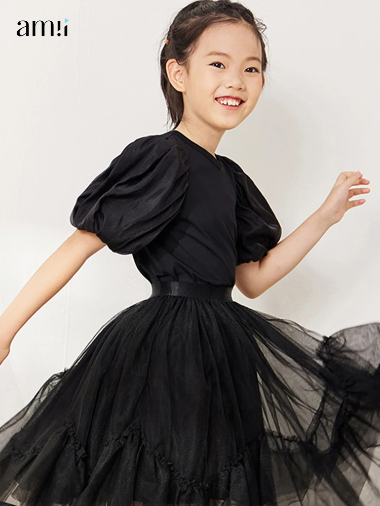 

AMII Kids Clothes 2022 New Sweet Girls Blouse Puff Sleeve Solid Tops 3-12y Fashion Harajuku Shirt Loose Elegant Blouses 22260026