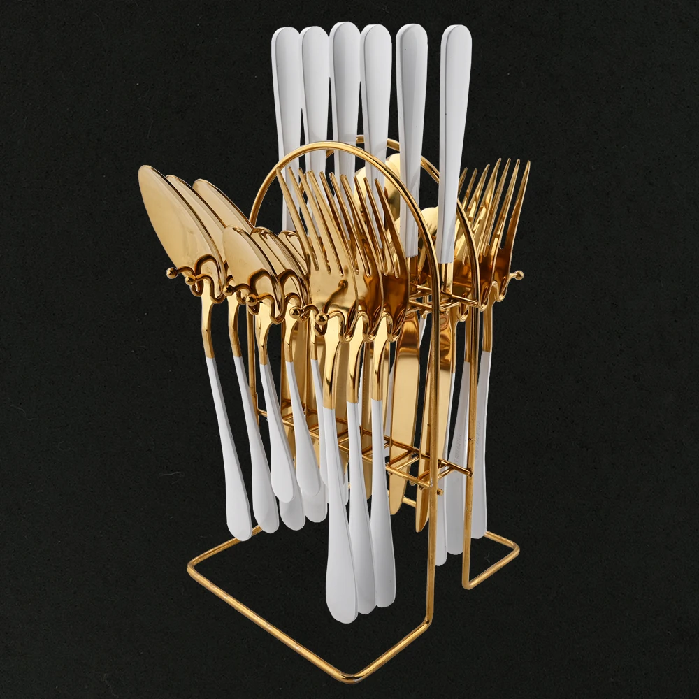 

Western 24Pcs Cutlery Set Stainless Steel Tableware Fork Knife Spoon Set Flatware White Gold Dinnerware Set With Storage Rack