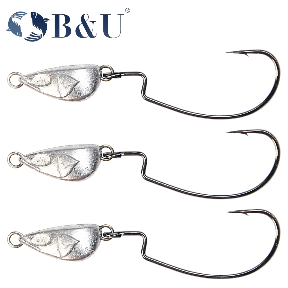 

B&U 3.5g 5g 7g 10g Lead Head Fishing Hooks Bullet Swing Jig Head hooks Sliver Weedless Offset Worm Hooks Texas Rigs Accessories