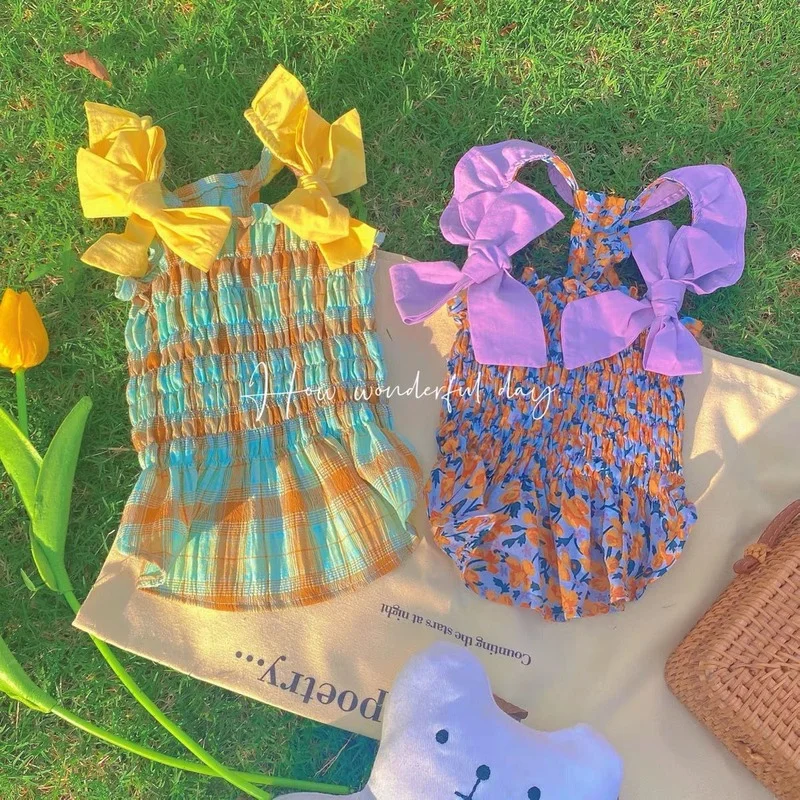 

Pet Dress Big Bow Tie Thin Section Plaid Puppy Cat Skirt Clothes Summer Purple Breathable Girl Chihuahua Vest Small Dog Clothing