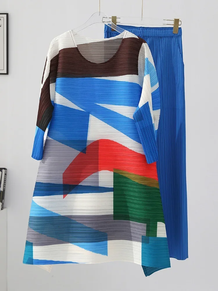 Miyake Pleated Women's Suit Women's Fashion Two-piece Set 2023 Autumn and Winter New Style Printed Mid-length Top Wide-leg Pants
