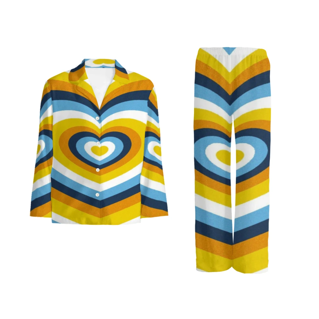

Rainbow Color Mixed Heart Heart Printed Sleepwear Set Long-Sleeve New Pajama Sets For Sleeping Winter