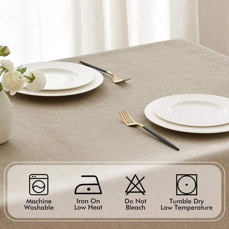 Beige Thick Polyester Linen Rectangle Tablecloth with Decorative Cutouts Waterproof Stain Resistant Table Cloth 5