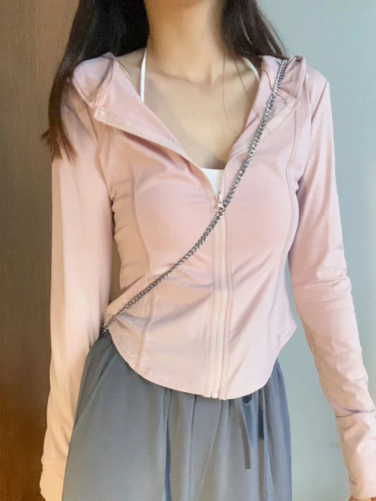 

Summer Korean Fashion Thin Hooded Casual Crop Tops Women Slim Long Sleeve Slim Y2k Sun-protective Coats Solid Zipper Jacket
