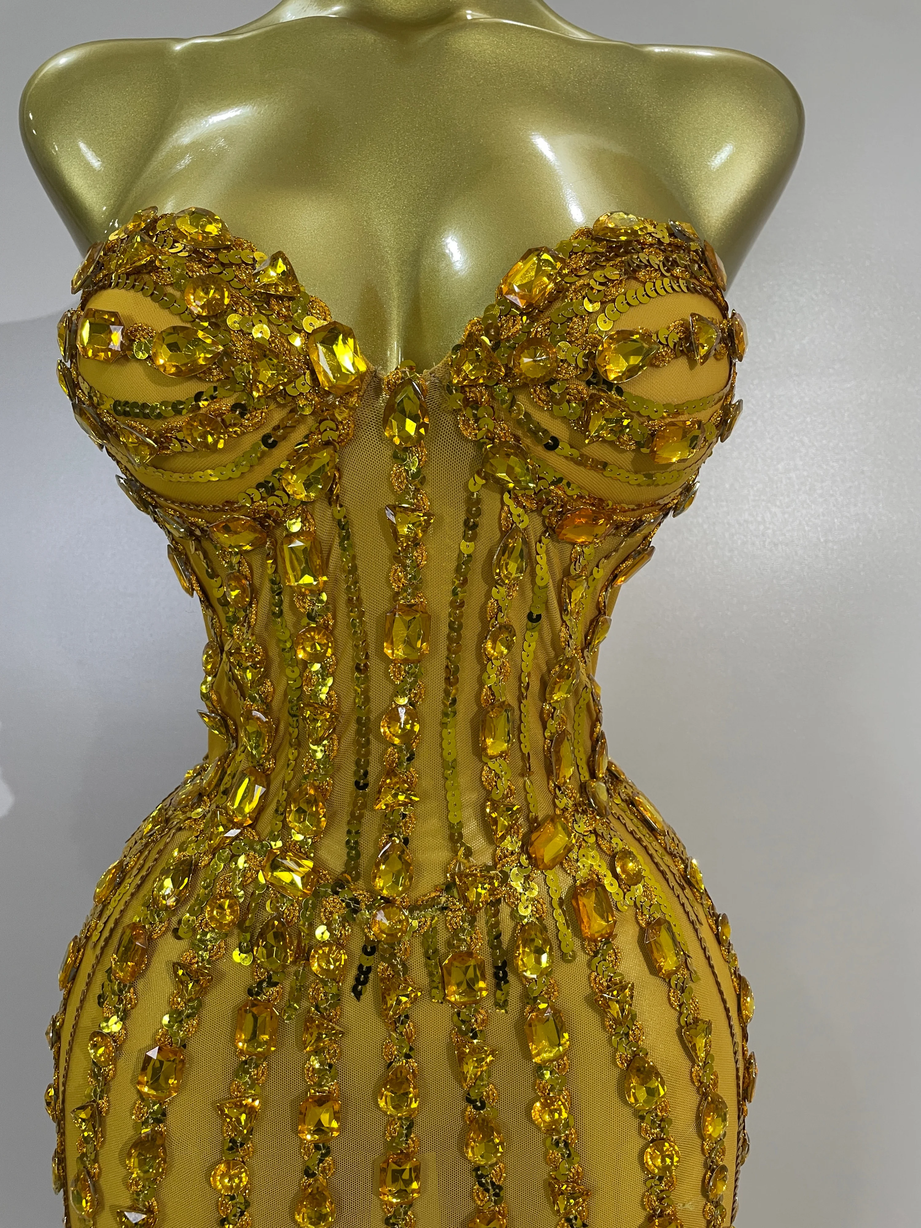 Elegance Golden Strapless Mesh See Through Long Dress Sparkly Diamonds Evening Party Birthday Sexy Nightclub Singer Stage Wear