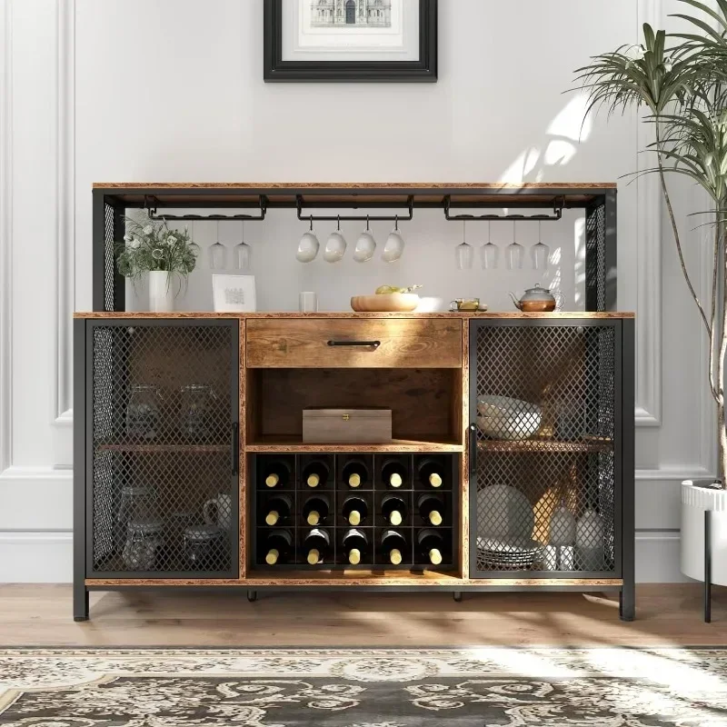 Wine Bar Cabinet, 55 Inches Industry Coffee Bar Cabinet with Wine Rack and Glass Holder, Kitchen Sideboard Buffet Cabinet