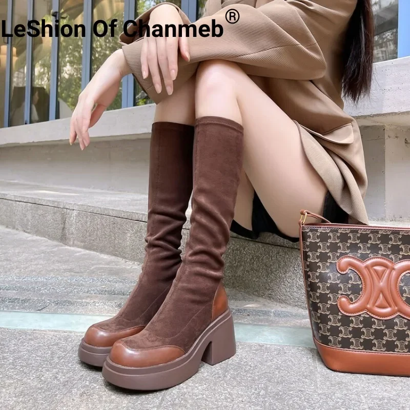 

LeShion Of Chanmeb Women Faux Suede Stretch Boots Maillard Brown Thick Bottom Goth Boots Lady Chunky Heels Platform Slipon Shoes