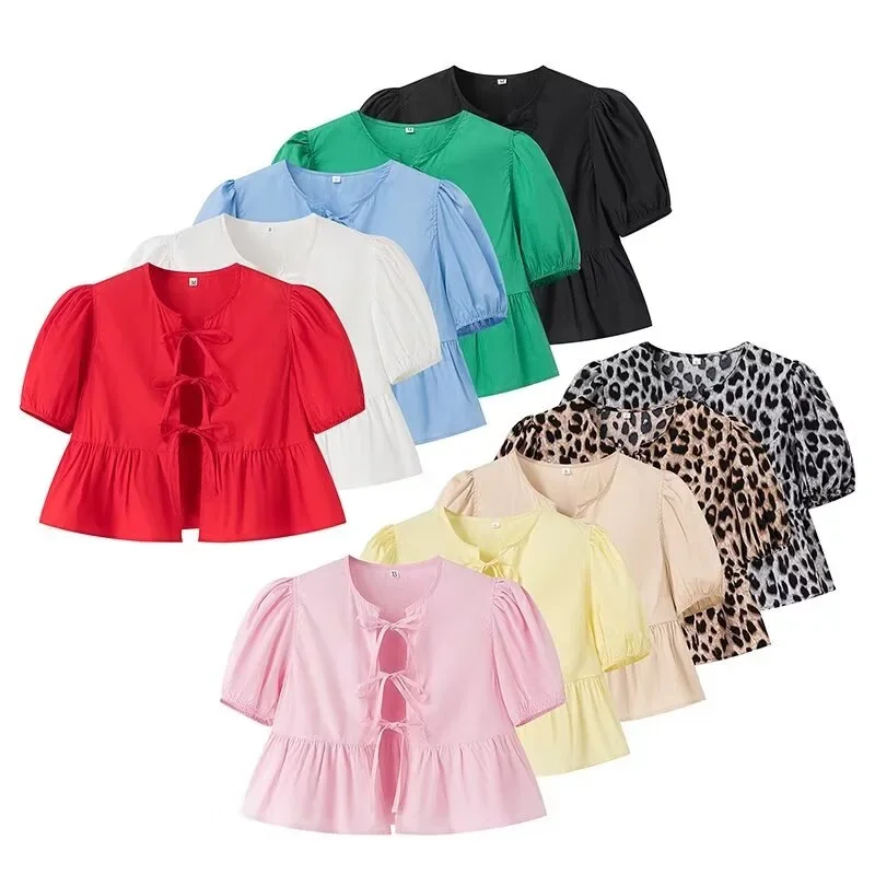 Camisetas con estampado de leopardo para mujer, blusas informales de manga corta con contraste, con cordones, ajustadas, estilo Y2k, camisetas de otoño tipo vendaje