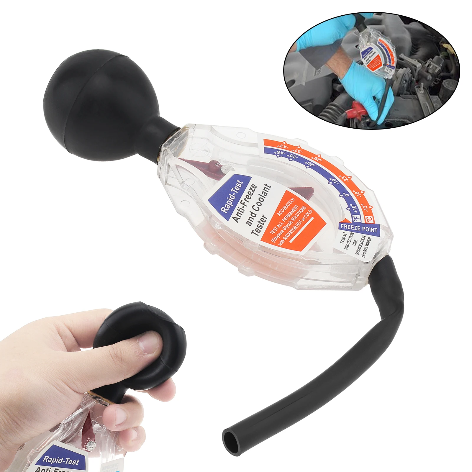 Car radiator cooling test tool, antifreeze cooling test device, precise disc density gauge, displays in Celsius.