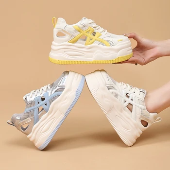 Women 2026 Spring Summer Mesh Hollow Out Platform Sneakers Multi Colors Thick Bottom Lace Up Casual Sport Shoe Elevator Footwear