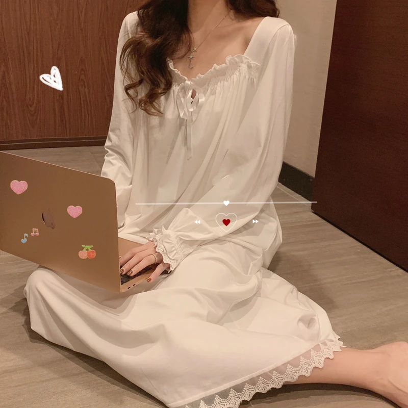 Spring Summer Pajamas for Women Fashion White Lace Long Sleep Dress Girl Cute Sleepwear