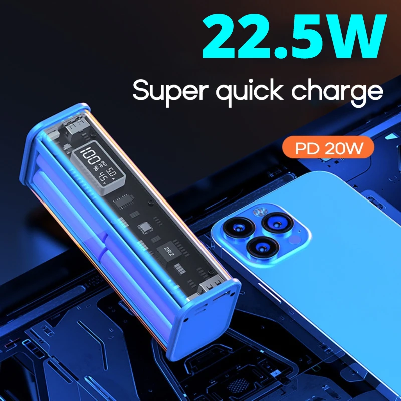 

Transparent 22.5W 20000mA DIY Battery Charger Case Support PD QC3.0 Fast Charging for 8PCS 18650 Polymer Battery Power Bank Box