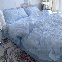 INS Girl-Parure de lit en seersucker pour fille, ensemble de literie en dentelle à volants, drap doux, housse d'oreiller, housse de couette, kawaii 2