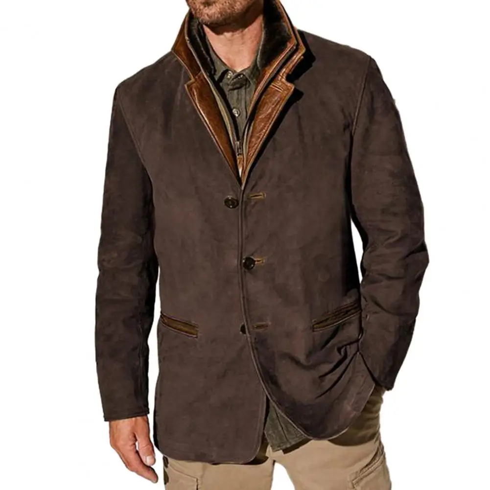 Men Jacket Men's Retro Patchwork Cardigan Coat with Plush Lining Lapel Detail Stylish Single-breasted Jacket for Winter Fall