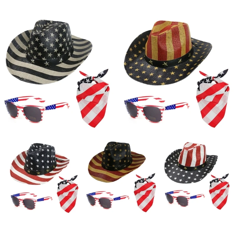 

Vintage Cowboy Hats Bandana Sunglasses Set for Men Women Western Cowgirl Hat