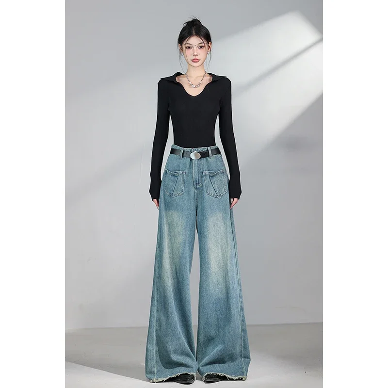 Blue Womens Jeans High Waist Vintage Straight Baggy Denim Pants Streetwear HarajukuStyle Fashion Solid Wide Leg Denim Trouserr