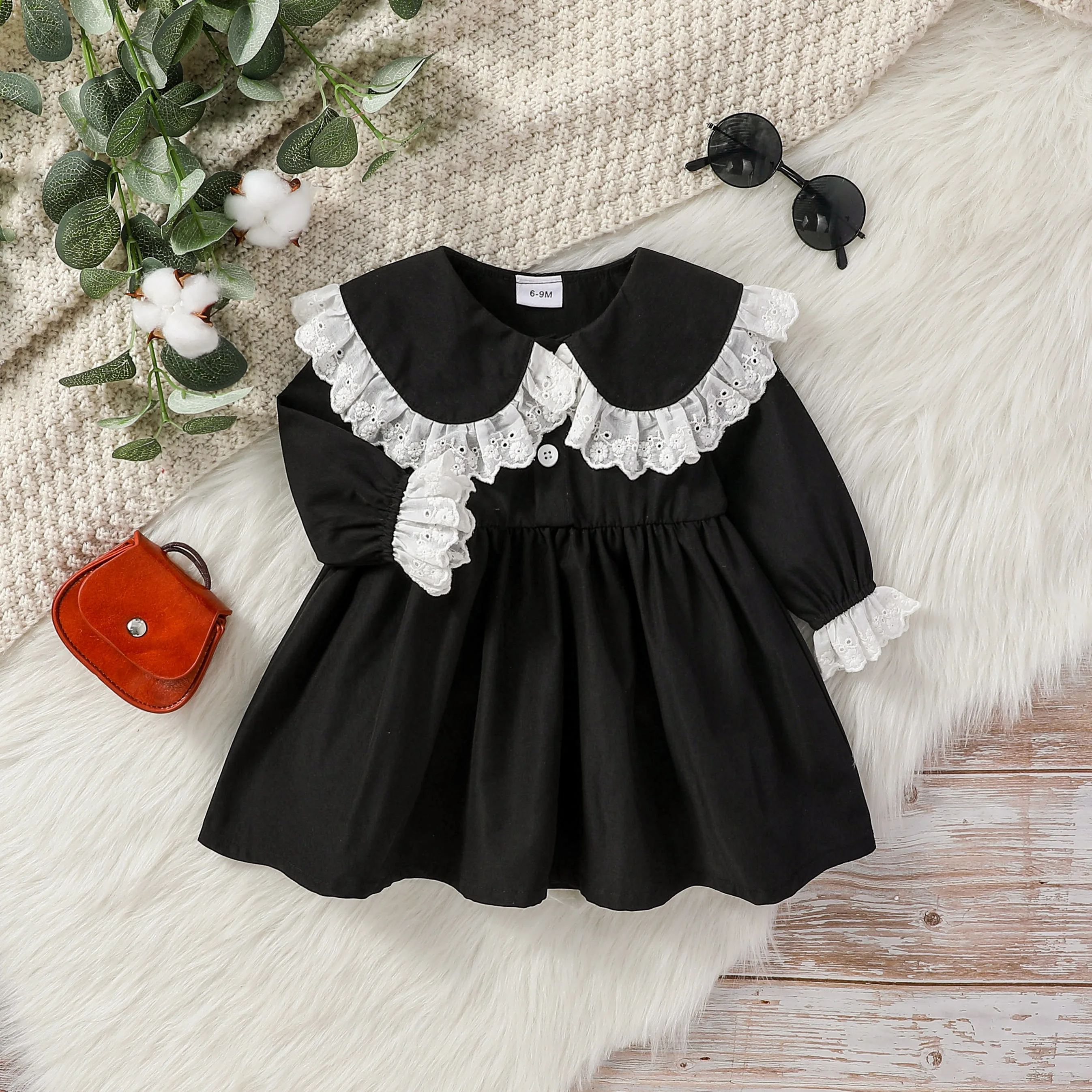 2024 Baby Gilrs Black Doll Collar With Lace For 6M-3Y Vintage European and American style Dress 1