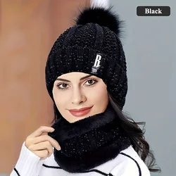 Winter Warm Knit Hat & Scarf Set - Thick, Plush, Windproof, Casual Cold Weather Accessory (Black)