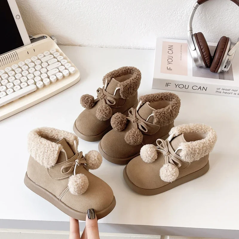 Cute Girls Cotton Boots Fashion Soft Hairball Winter Children's Ankle Boots Versatile Fashion Kids Causal Princess Snow Boots